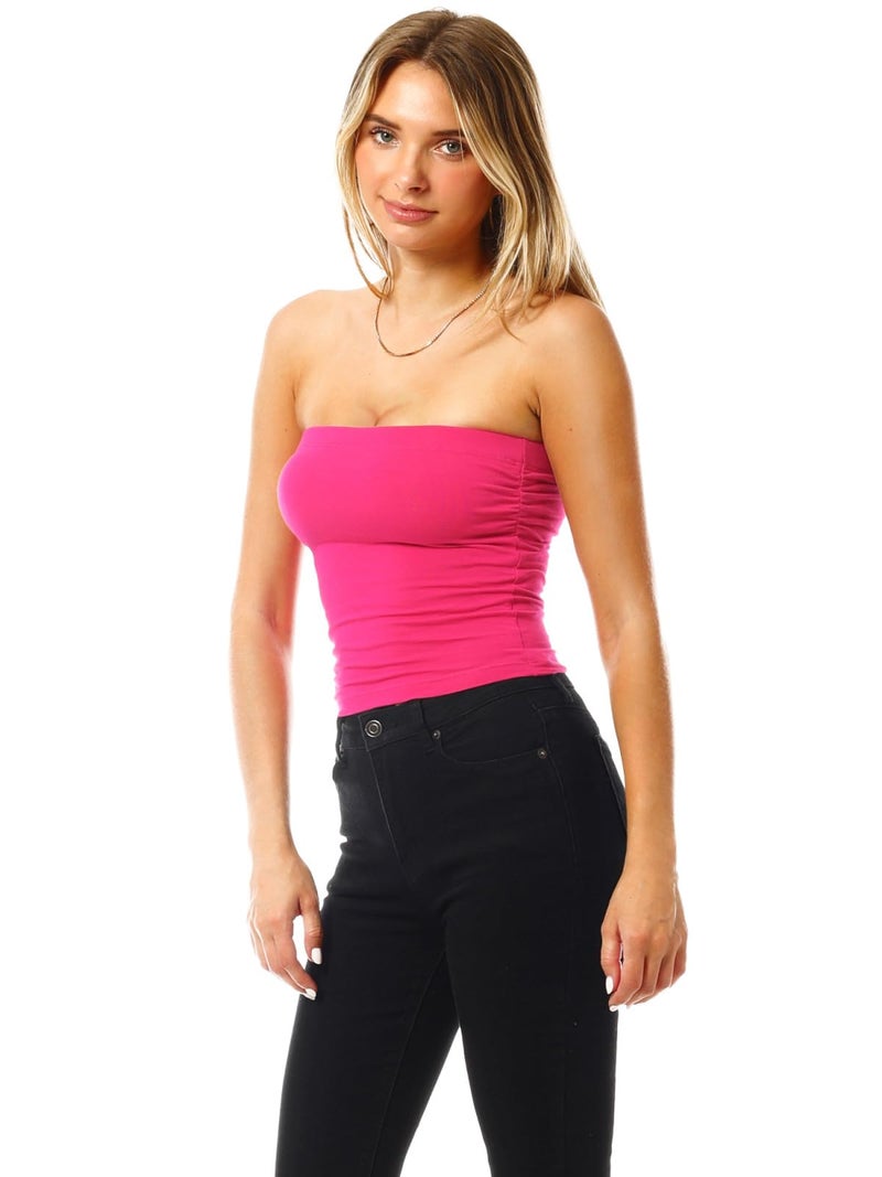MixMatchy Women's Solid Casual Summer Side Shirring Scrunched Double Layered Tube Top 3PACK - Black/White/Hot Pink L - Image 3